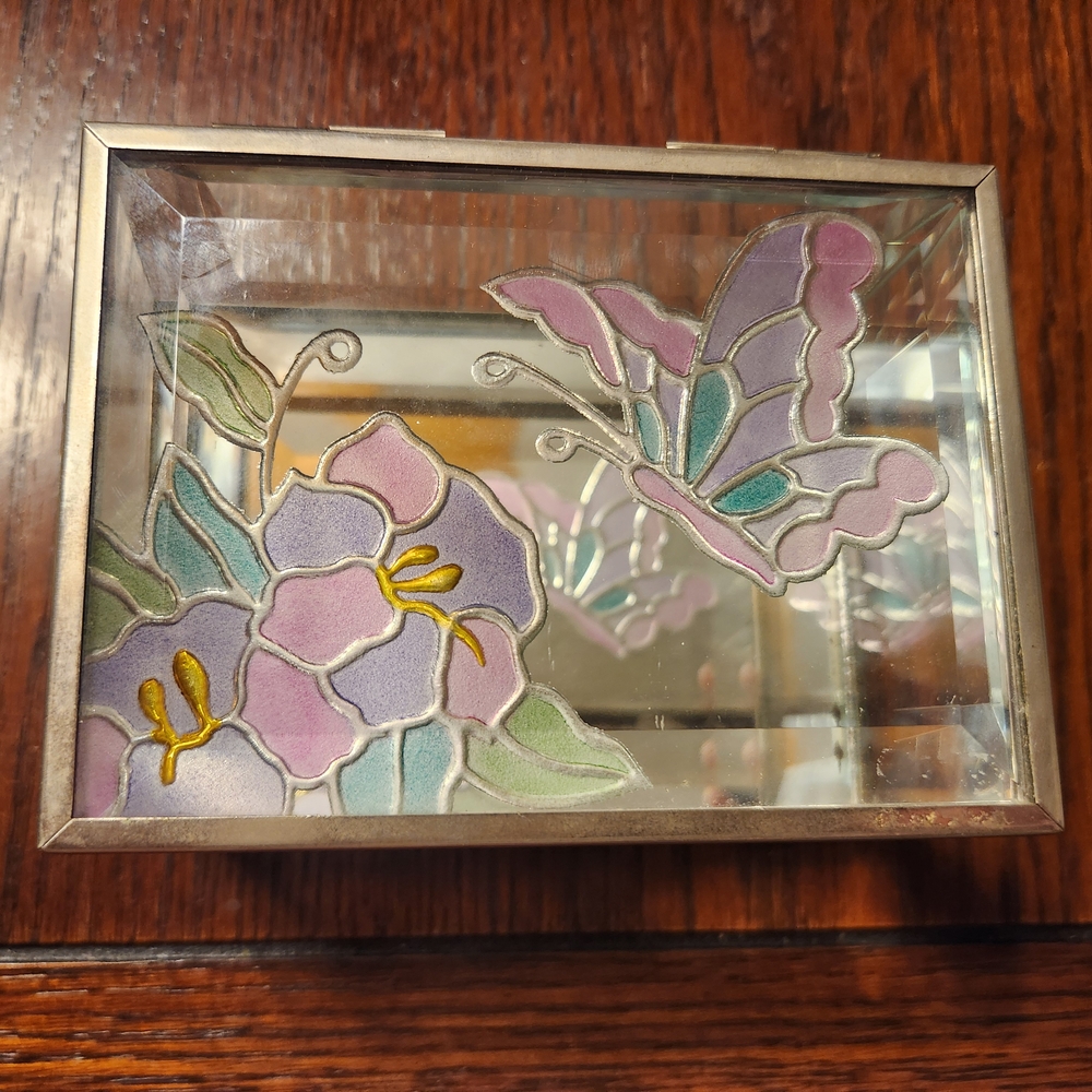 Decorative Glass Jewelry/Trinket Box with Butterfly and Floral Design